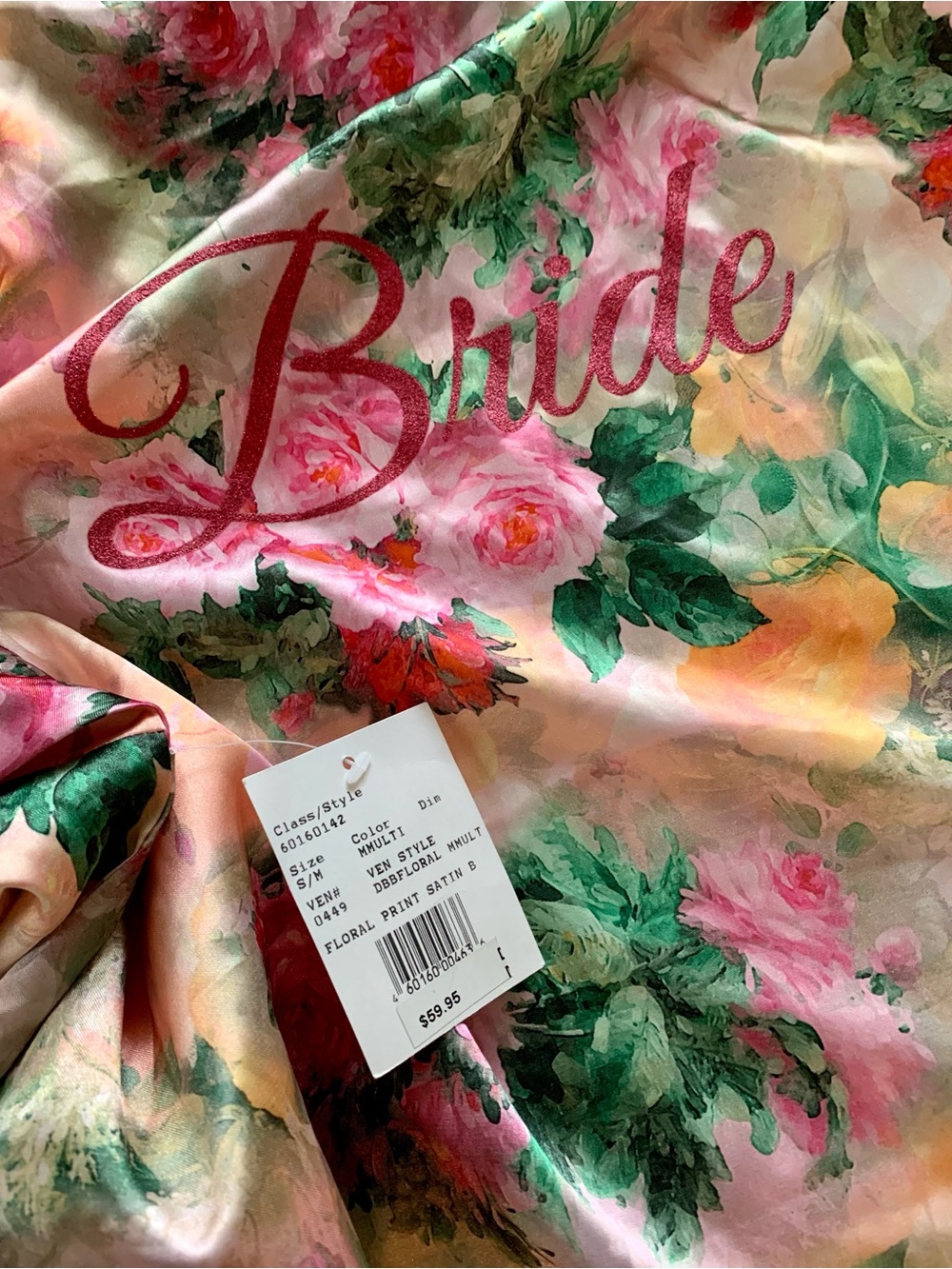 NWT Silky Floral Satin Robe “Bride”- Pink Multi